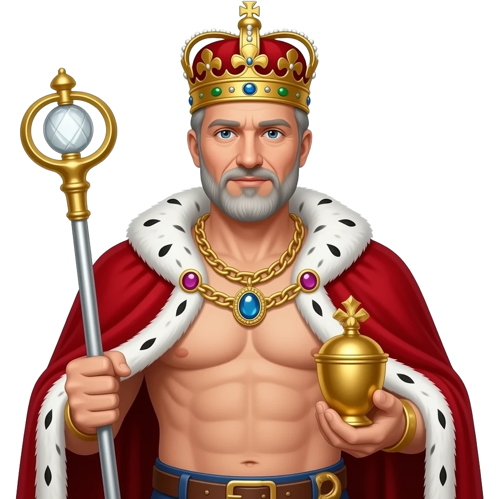 Portrait von einem König um die 40 mit leicht grauen Strähnen in den Haaren und Bart. er trägt eine prunkvolle königliche krone und Goldkette mit Edelsteinen. Er hat kein Hemd an aber ein weit geöffneter roter samt Umhang mit weißen Pelz. Mit Zepter und eine goldenen Reichsapfel in den Händen emoji