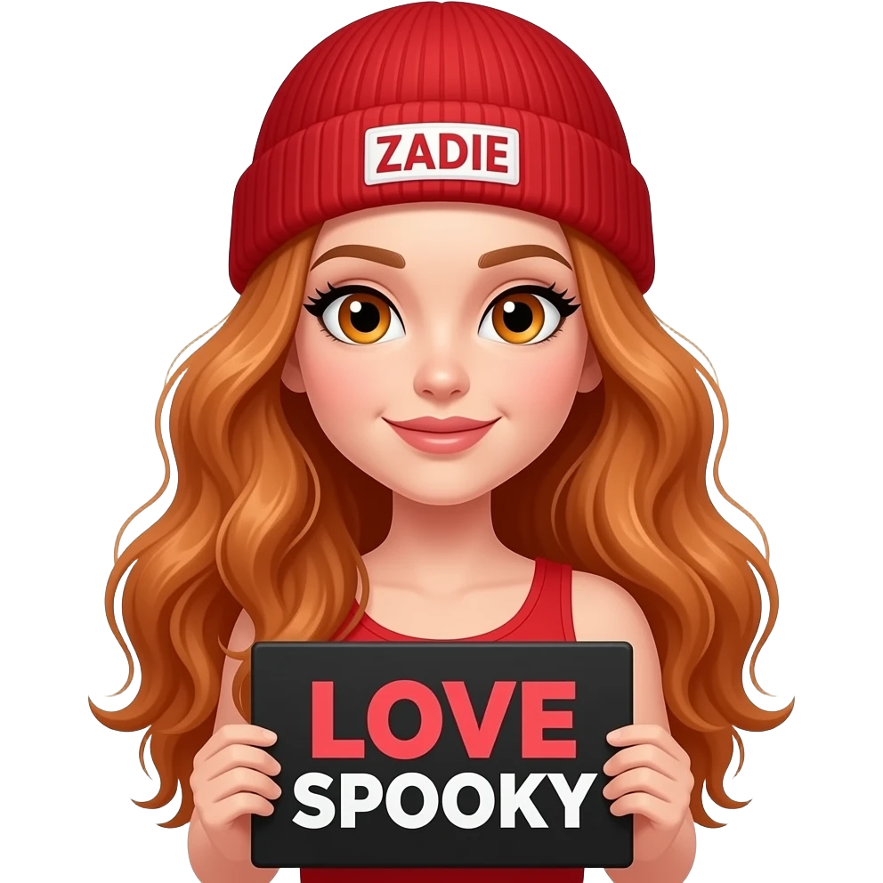 sexy girl with overlong wavy ginger hair and ginger eyes wearing a red tanktop and a red beanie with ZADIE written on it, is holding a black sign with LOVE SPOOKY written on it emoji