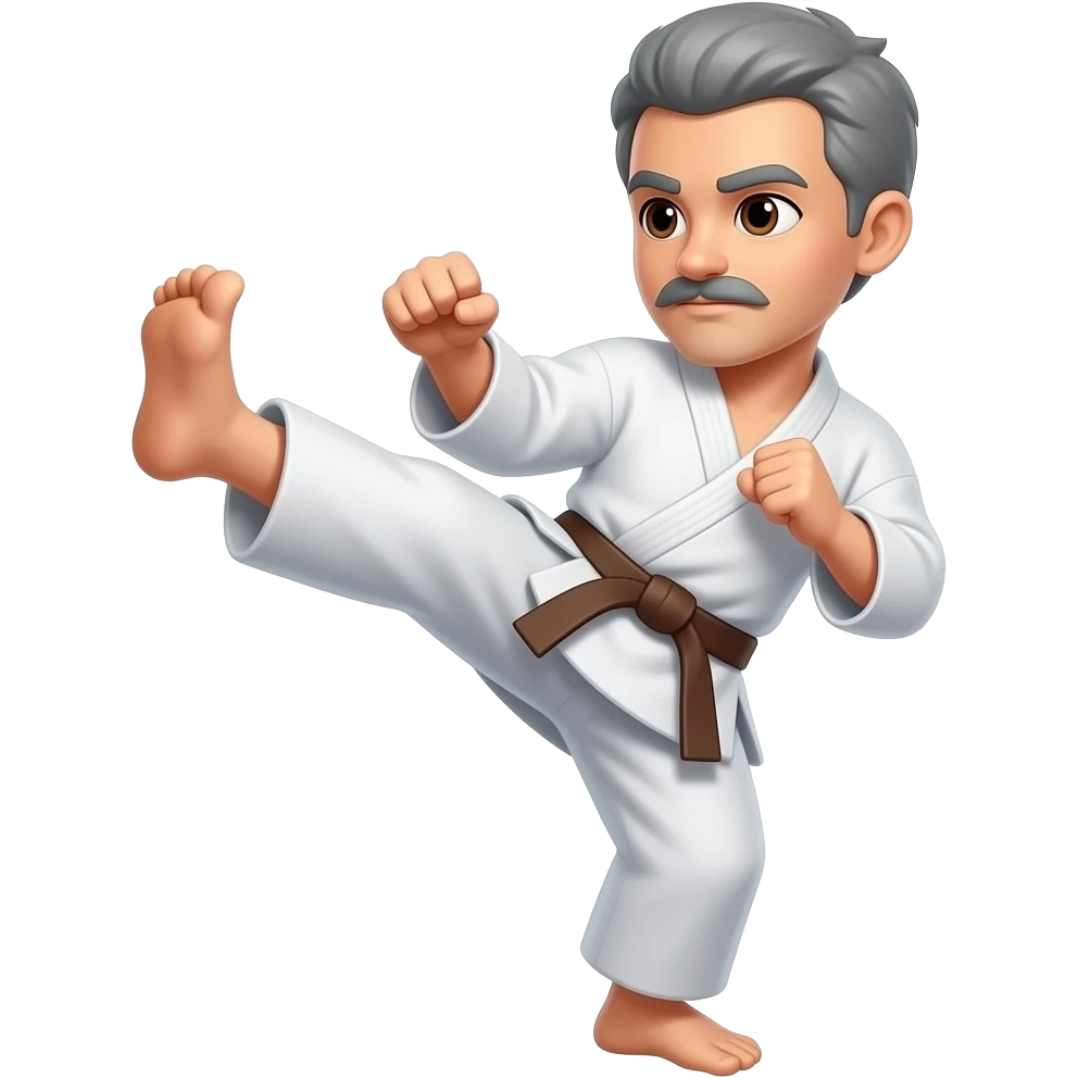 No BEARD, SHORT gray hair with a mustache doing a karate kick and brown eyes and Brown Belt emoji