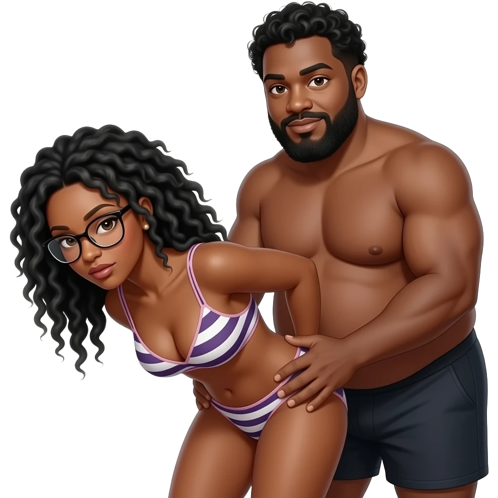 Black woman, with black locs (with some grey) and glasses; bent over with a chubby black man with a low curly haircut and beard with some grey; standing behind her holding her hips. Both are topless. He is wearing boxers briefs and her, panties. emoji