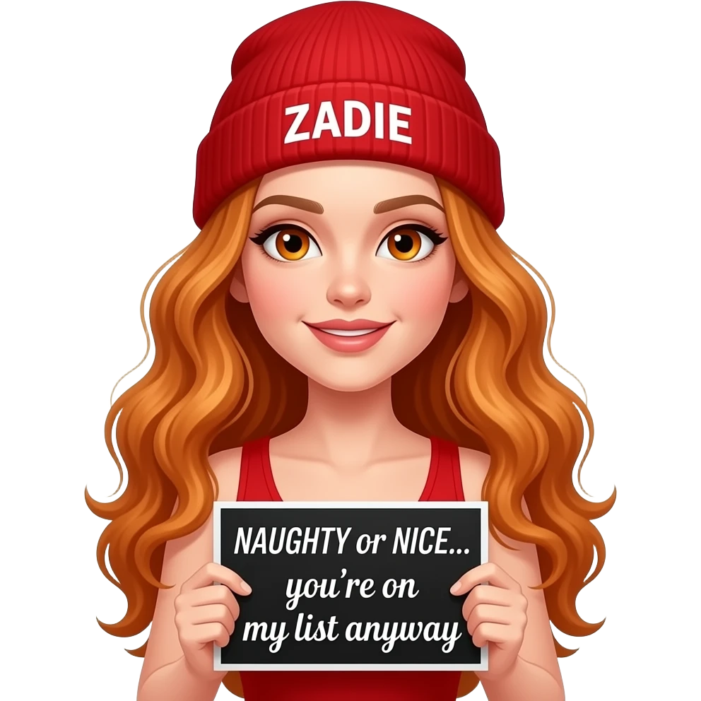 sexy girl with overlong wavy ginger hair and ginger eyes wearing a red tanktop and a red beanie with ZADIE written on it, is holding a black sign with NAUGHTY or NICE... you're on my list anywaywritten on it emoji