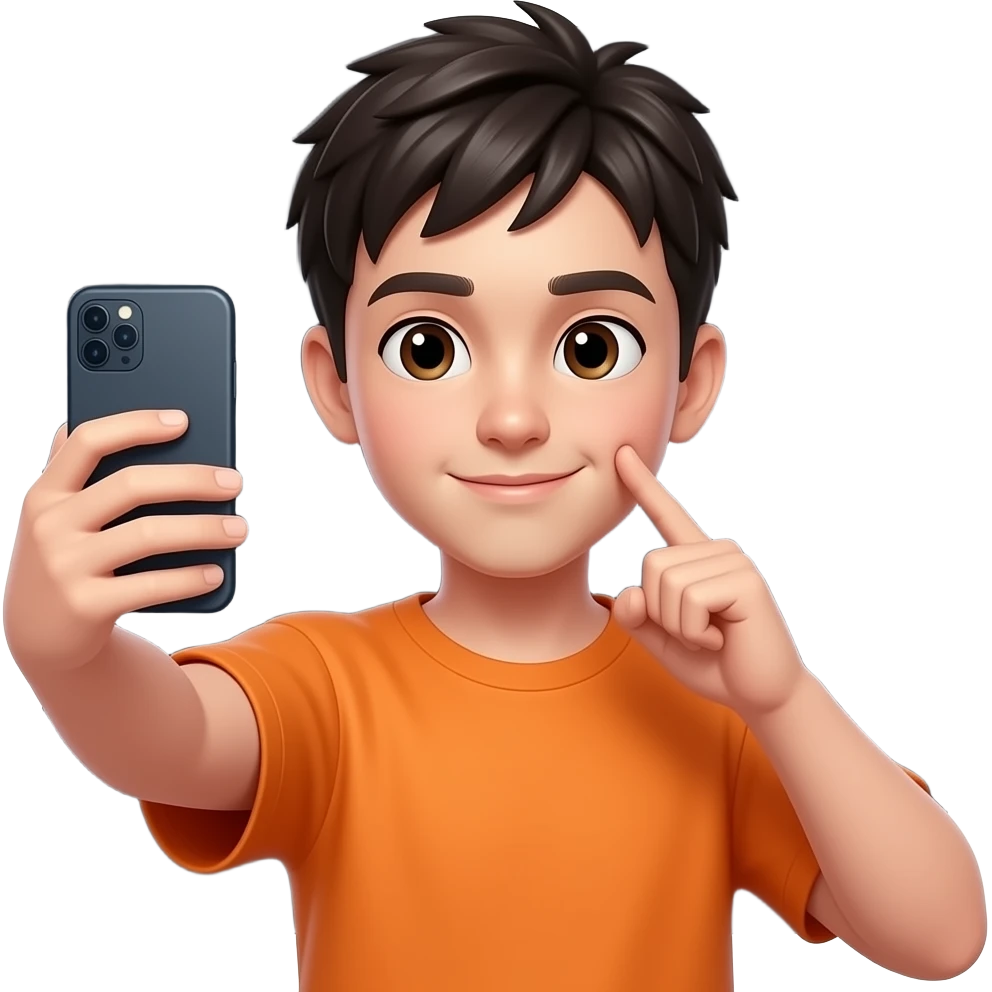 Young person taking a selfie, looking at the camera, one index finger gently pressing the cheek, cute calm expression, short dark hair, orange T-shirt, dark background, upper-body shot. emoji