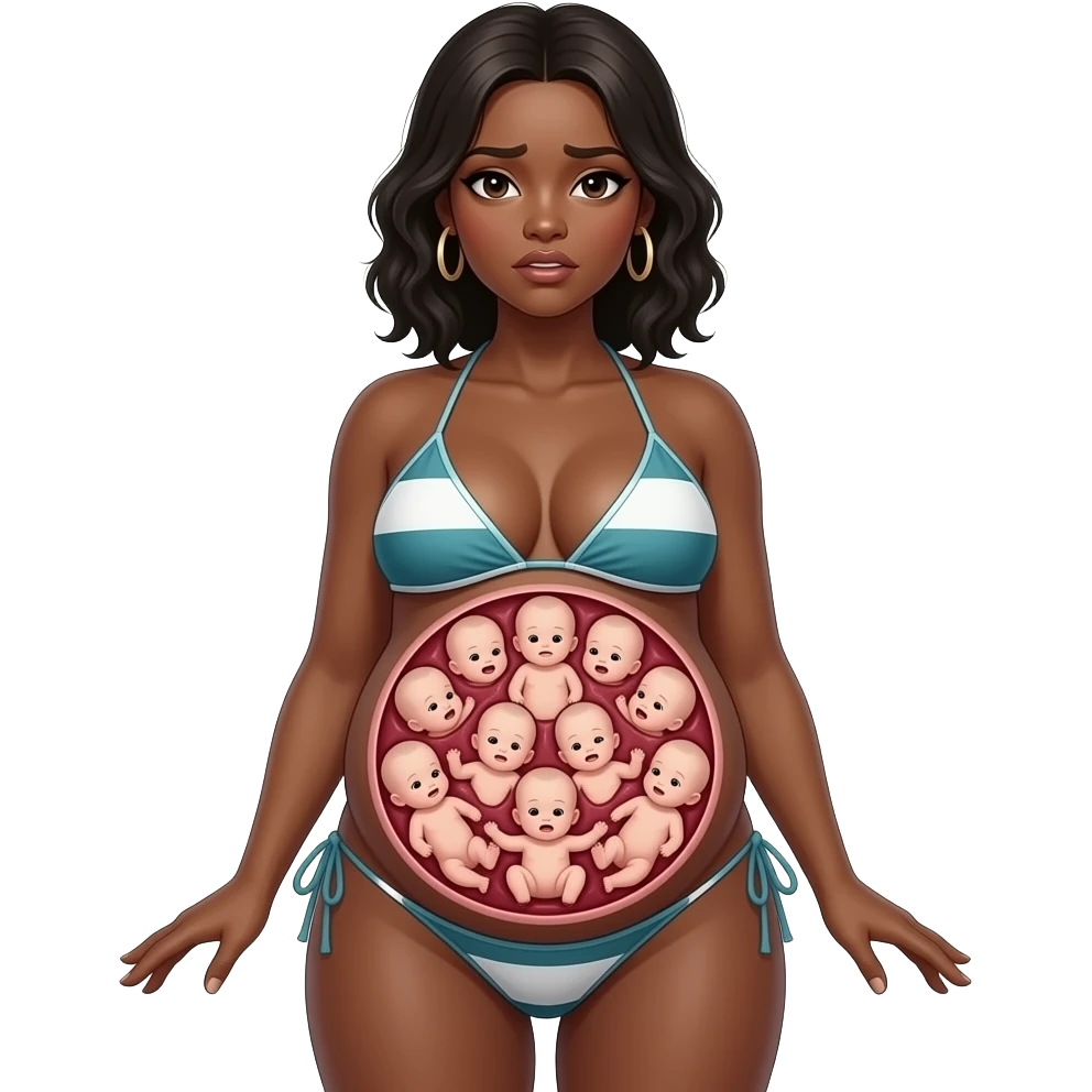 black girl, full body, bikini, female, sexy, nsfw, hyper belly, huge belly, vore, vore belly, squirming belly, pregnant, hyper pregnant, biggest belly ever, belly larger than head, pregnant with 10 babies emoji