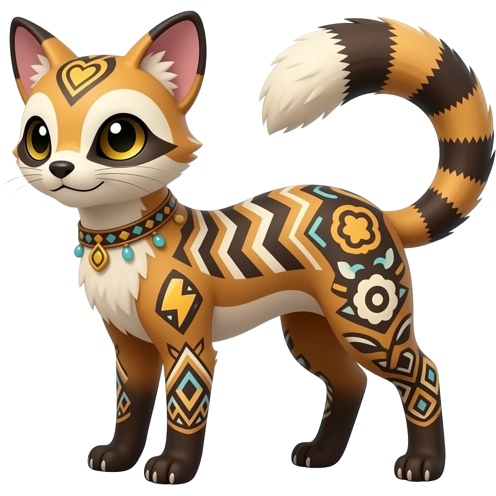 scaly spunky Realistic tall slim unique original shiny edgy cool fantasy-Civet-Absol-Sprigatito-Vaporeon-Fakémon-hybrid with tribal chevron heart floral lightning bolt strikes damask paisley markings emoji