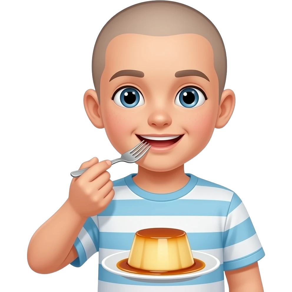 Boy with a shaved head eating flan with a fork emoji
