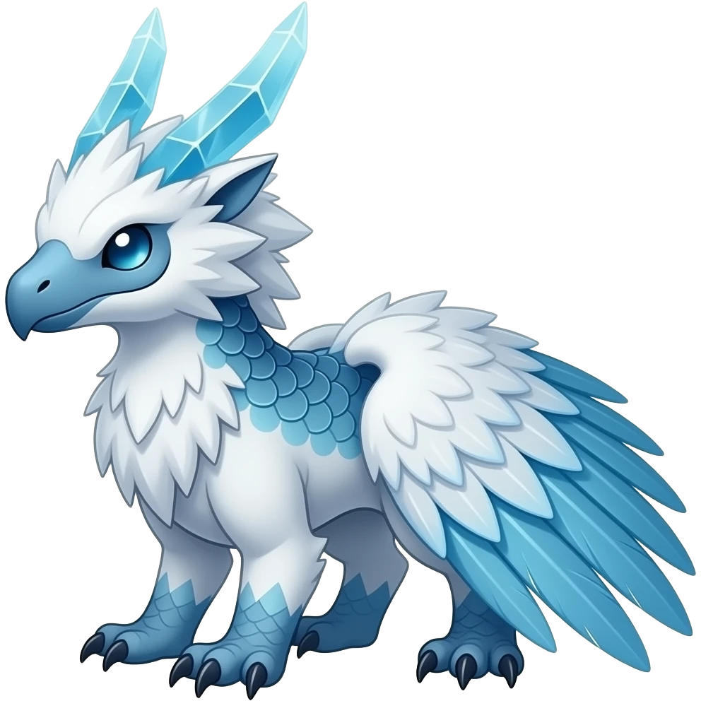 Cold cool icy wintery ice-horned fuzzy furry feathery snowy white and ice-blue beautiful gorgeous attractive pretty Raptorik scaley feathery horned Amaura-Wargreymon-Aurorus-ExVeemon-WereGarurumon-Pokémon-Fakémon-hybrid-fusion-creature, full body emoji