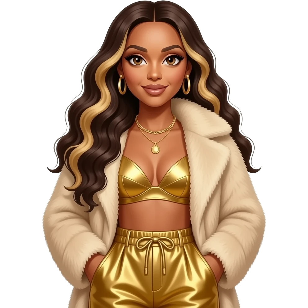 Beyonce with hazel eyes, long dark brown hair with blonde highlights, beige fur coat, gold metallic bra, gold metallic baggy pants, necklace and earrings emoji