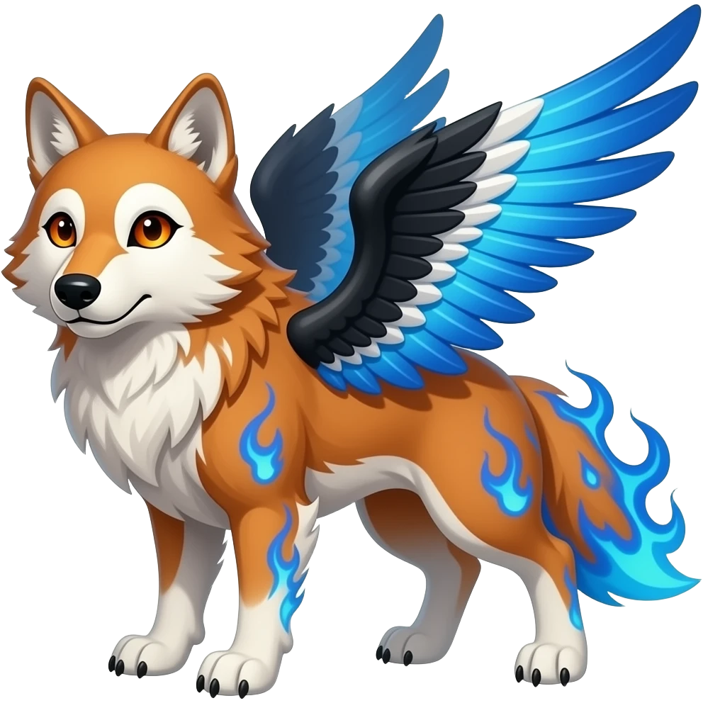 russet wolf with orange eyes, a white marking over the left eye, black, white and blue wings and blue flames over the fur emoji
