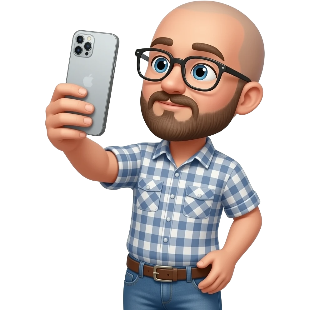 taking a picture of a bald guy with a beard with a foldable phone emoji