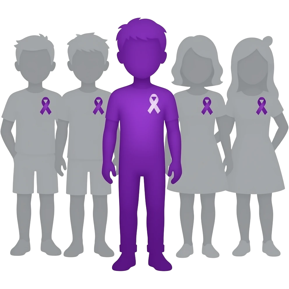 iOS-style emoji: group of human silhouettes (boys and girls) taking a photo, each wearing a small purple ribbon for fibromyalgia awareness, with one silhouette fully purple standing out, soft gradients, cute and minimal, transparent background emoji