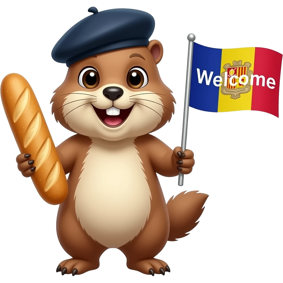 A smiling marmot with a French beret, holding a baguette in one hand and an Andorran flag in the other. The word “Welcome” is written clearly and fully visible across the flag. emoji