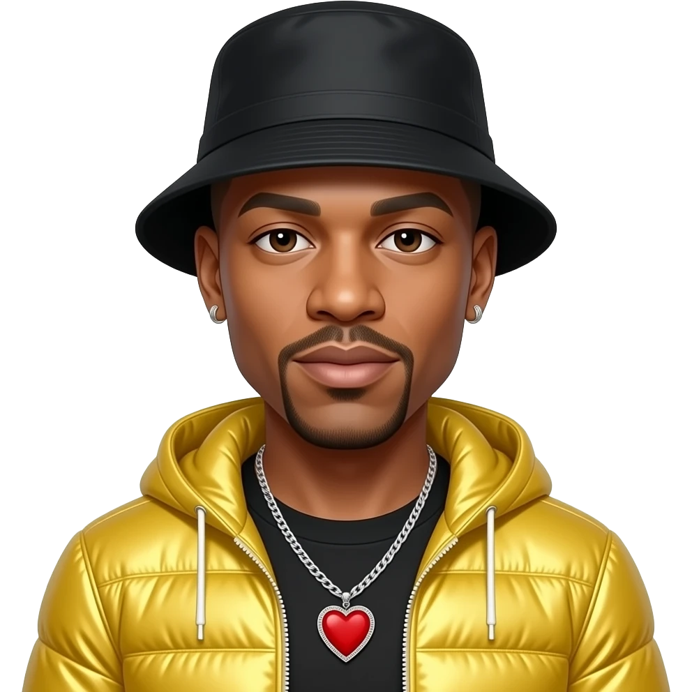 LL Cool J with bald, black bucket hat, butter yellow metallic sassy joggers, necklace with red heart, earrings emoji