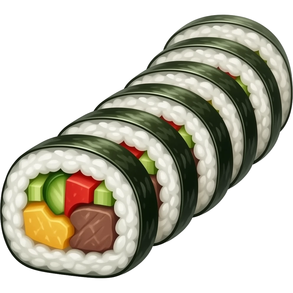 야채와 소불고기가 들어간 한국식 김밥 한 줄을 가지런하게 썰어놓은 emoji