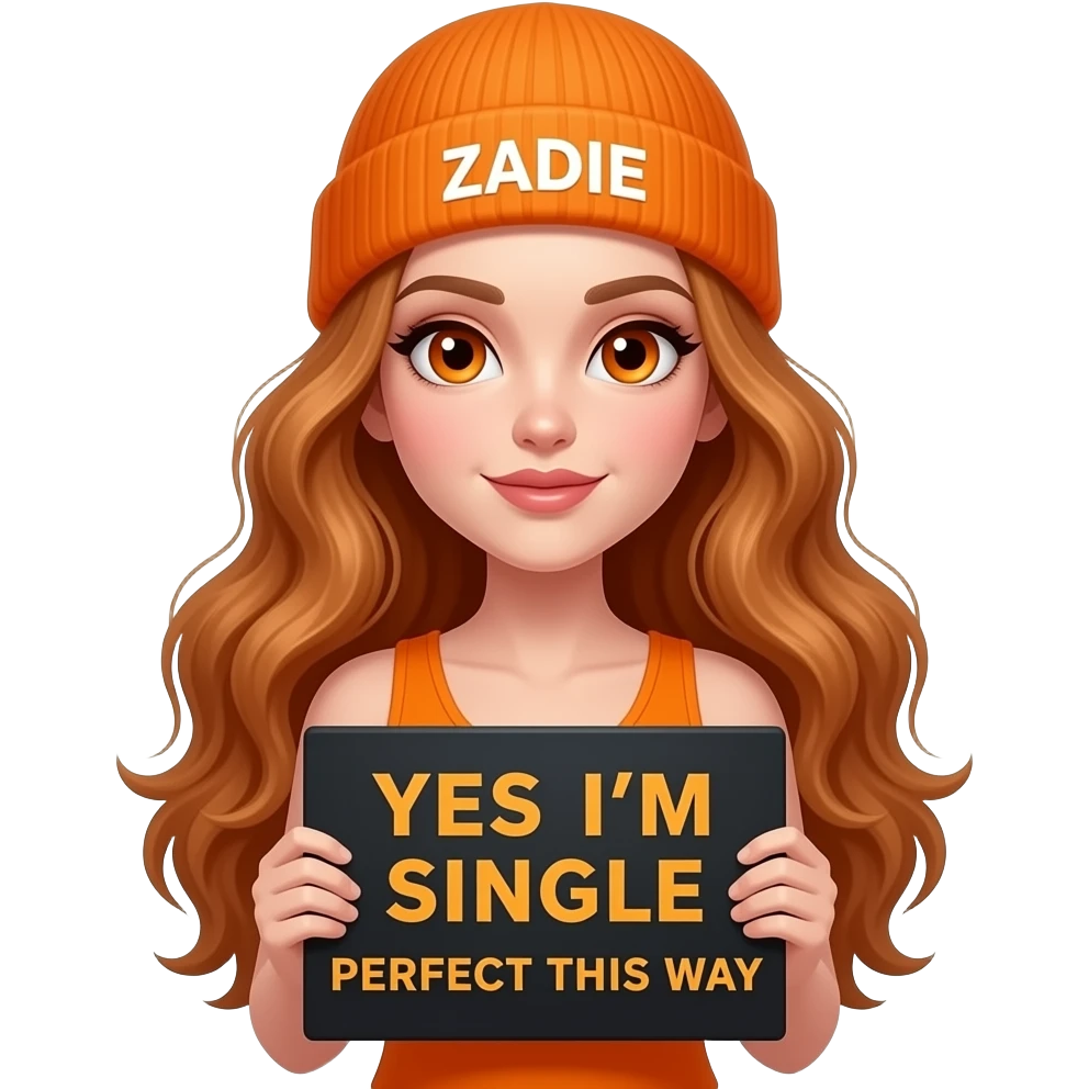 sexy girl with overlong wavy ginger hair and ginger eyes wearing a orange tanktop and a orange beanie with ZADIE written on it, is holding a black sign with YES I'M SINGLE and PERFECT THIS WAY written on it emoji