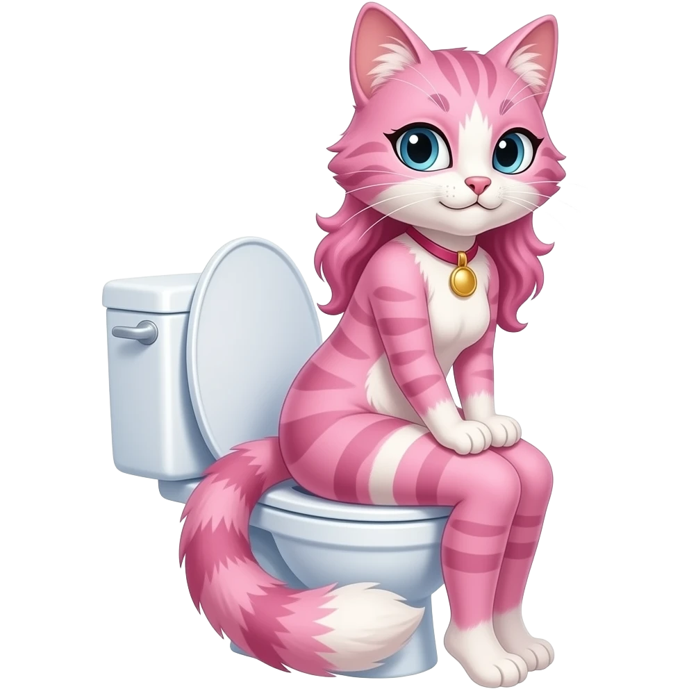Female pink fur cat furry woman person,sit on toilet,fursona,side view emoji