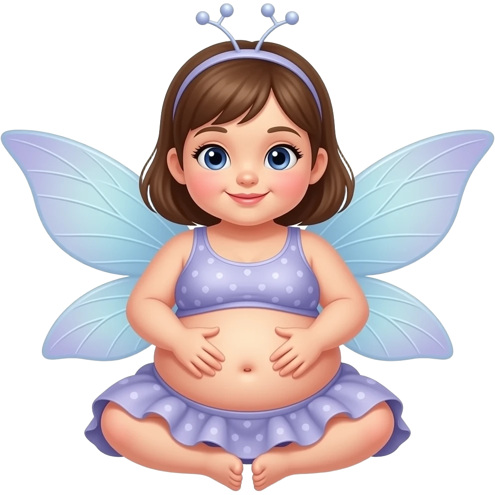 A baby girl fairy,she a very hugely fat belly,she is so stuffed that she has to sit,she could almost roll,rubbing her full bellybutton so she will cutely do a good belly show & tell. emoji