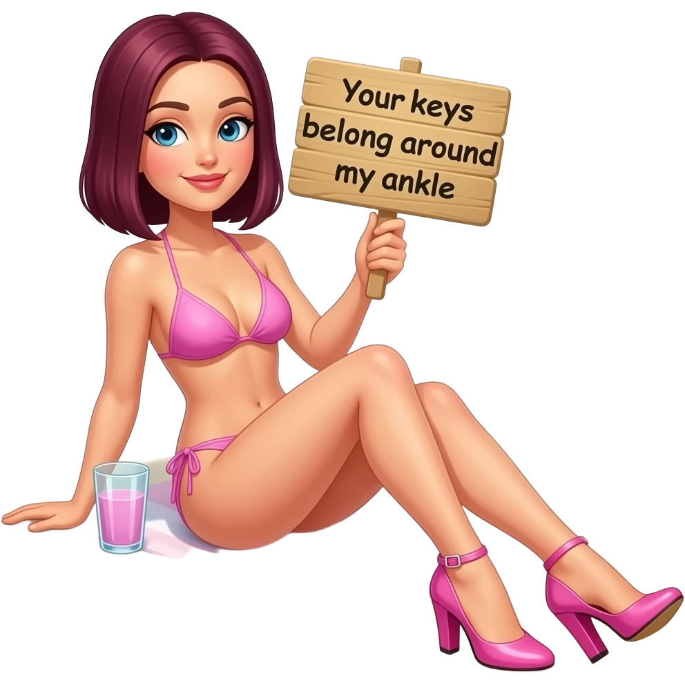woman with burgundy, very straight shoulder-length hair, very small eyes, sitting sunbathing by the pool, wearing just a baby pink bikini and baby pink very high stiletto heels, holding a glass in one hand and a sign in the other that says "Your keys belong around my ankle". emoji