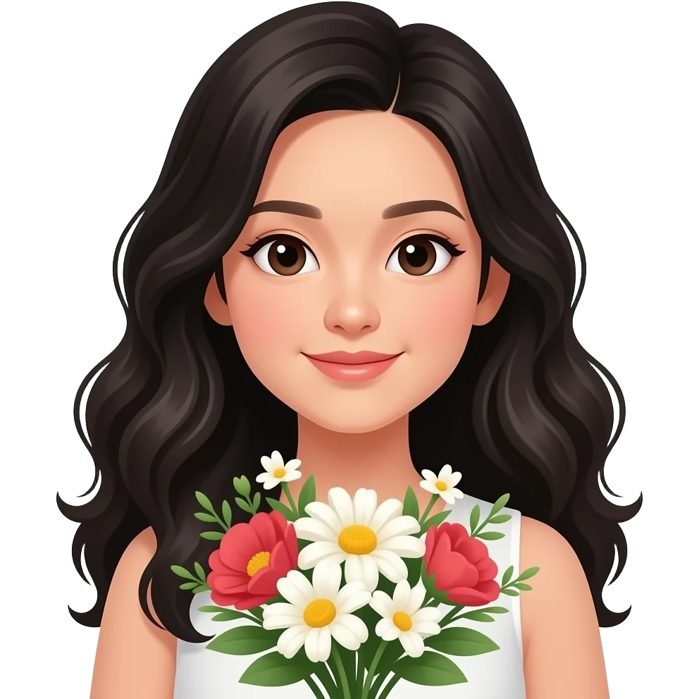 Mujer asiática recibiendo unas flores, que la chica sea piel muy clara, cabello ondulado y negro y con ojos asiáticos emoji
