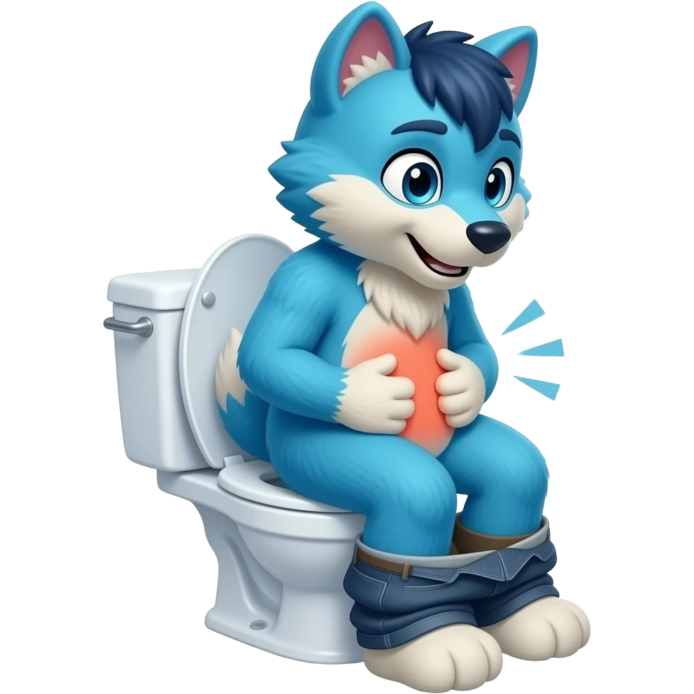 blue fursuit sitting on toilet, side view, pants down, hands on stomach, stomach ache emoji