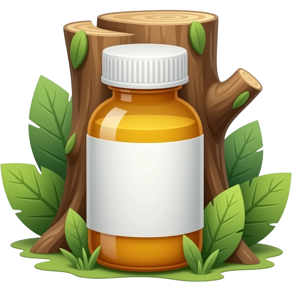 full medicine bottle with tree bark and leaves nearby emoji