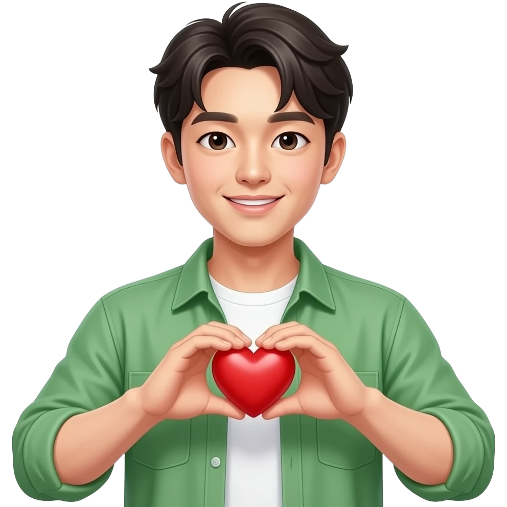 korean young man + white T-shirt, green shirt + a heart in their hands emoji