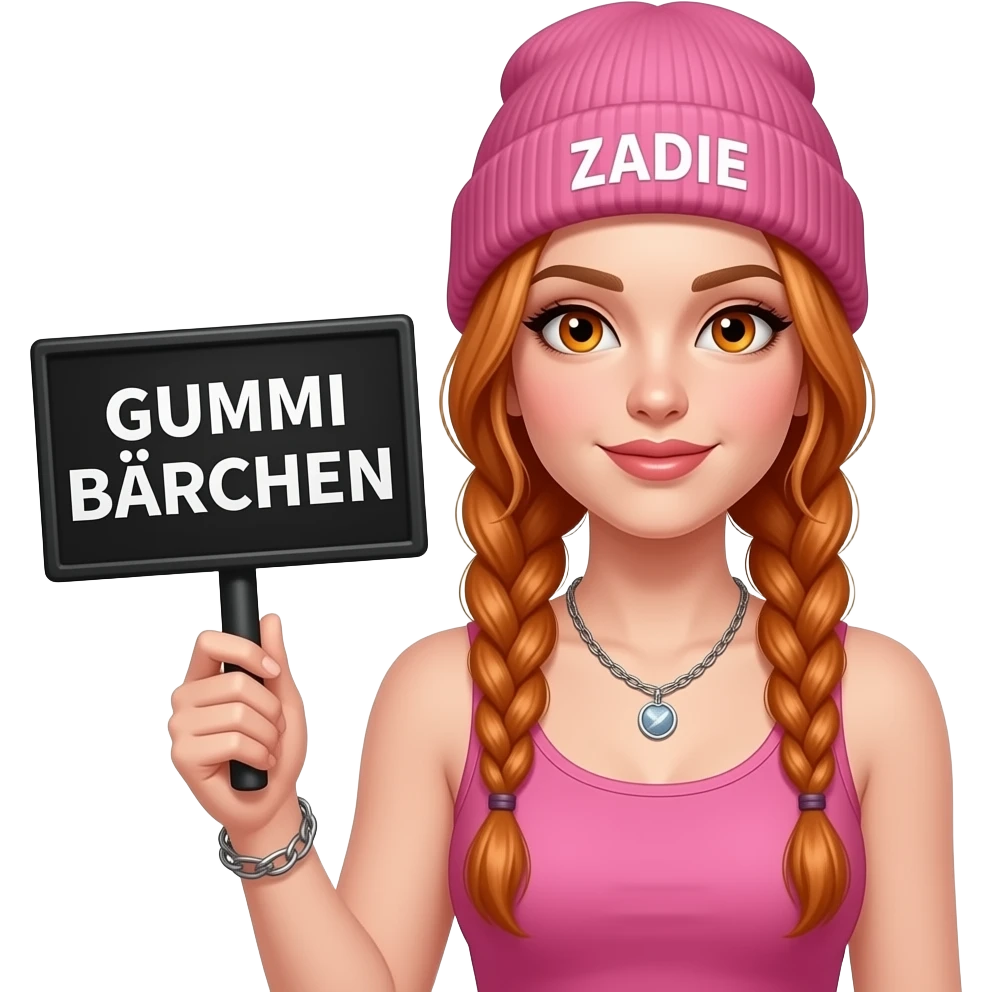 sexy girl with overlong ginger braids and ginger eyes wearing a pink tanktop and a pink beanie with ZADIE written on it, is holding a black sign with GUMMI BÄRCHEN written on it emoji