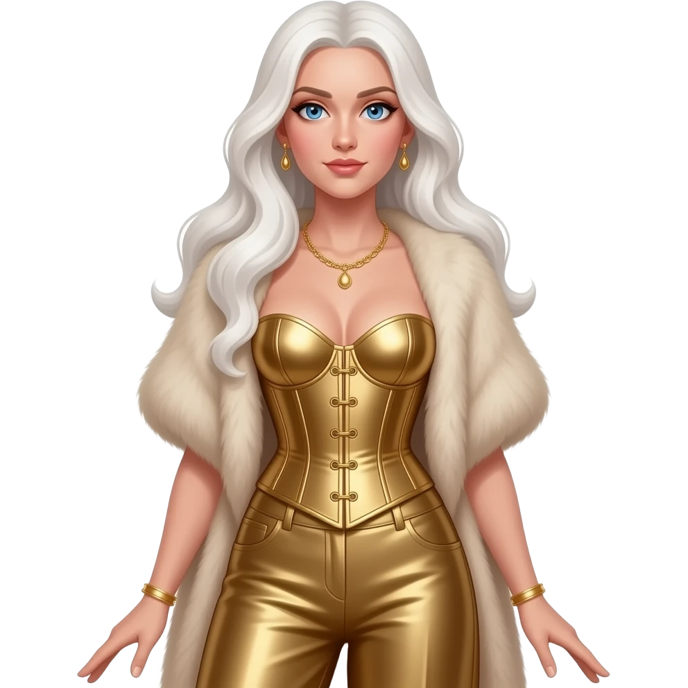 Madonna with blue eyes, long white blonde hair, beige fur shawl, gold metallic corset, gold metallic wide leg pants, necklace and earrings emoji