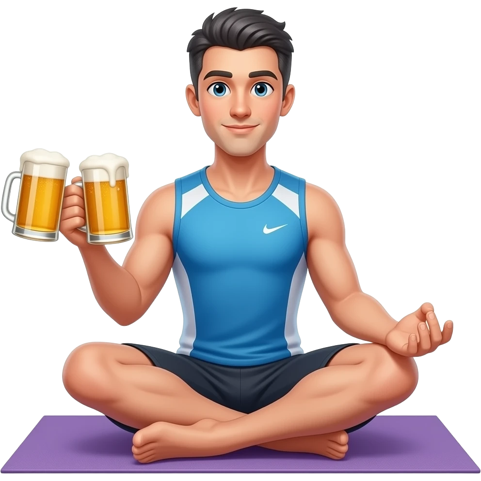 tall skinny guy sitting in yoga pose wearing sport wear, short dark grey hair, holding 2 beer mugs in one hand emoji
