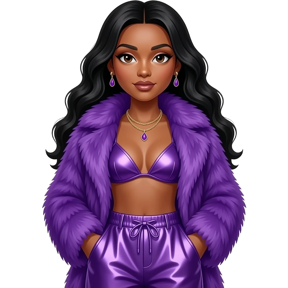 Tenitra Michelle Williams with dark brown eyes, long black hair, purple metallic bra, purple fur coat, purple metallic baggy pants, necklace and earrings emoji