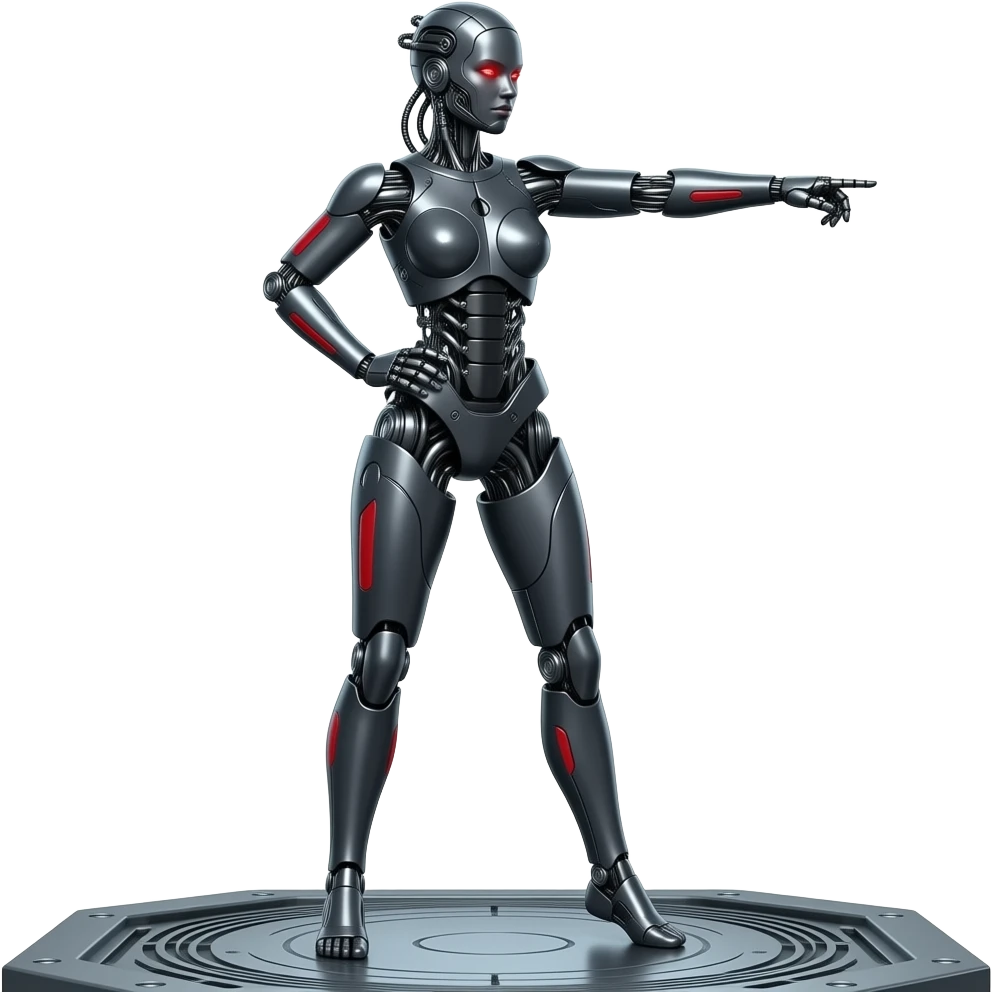 A mechanical woman made of dark gray steel with black and red markings,no human features, only robot features, entire body, sexy pose, robot face, full body pose emoji