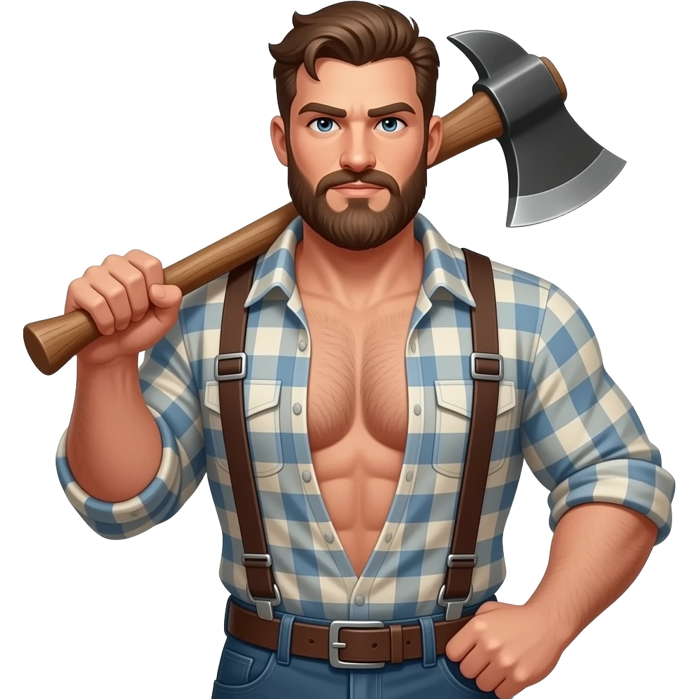 Erstelle ein Portrait von einem muskulösen nackten Mann typische Aussehenden Lumberjack, er ist sehr behaarten, maskulinen Körper und Bart, seine Brust soll gut mit auf dem Bild zusehen sein und er hat eine Axt in der Hand und trägt Hosenträger und einem weit offenen Holzfällerhemd emoji