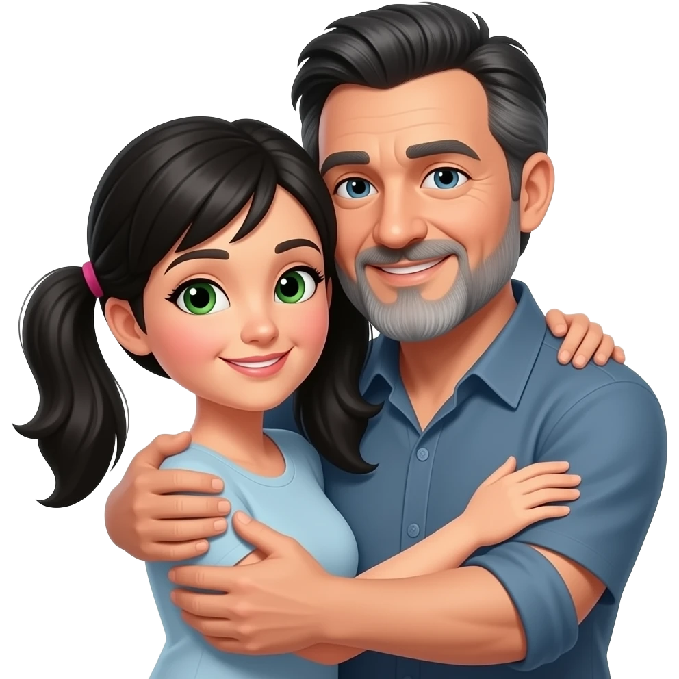 Black haired middle aged guy with sweeping bangs and gray beard hugging a black hair middle age woman with long pigtails and  green eyes emoji