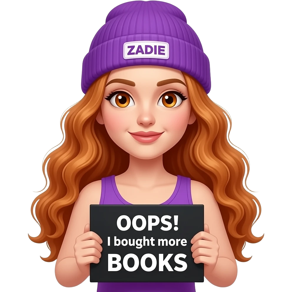 sexy girl with overlong wavy ginger hair and ginger eyes wearing a purple tanktop and a purple beanie with ZADIE written on it, is holding a black sign with OOPS! I bought more BOOKS written on it emoji