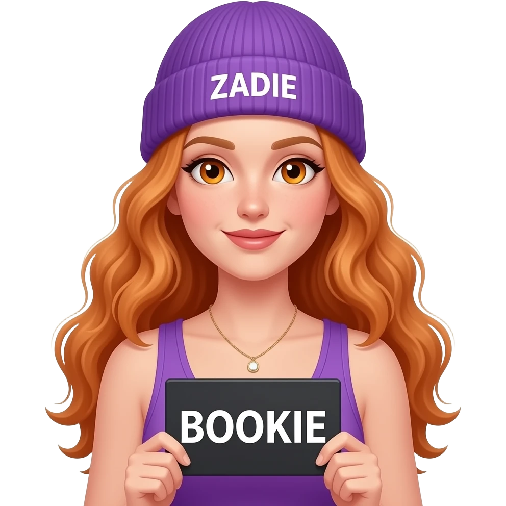 sexy girl with overlong wavy ginger hair and ginger eyes wearing a purple tanktop and a purple beanie with ZADIE written on it, is holding a black sign with BOOKIE written on it emoji