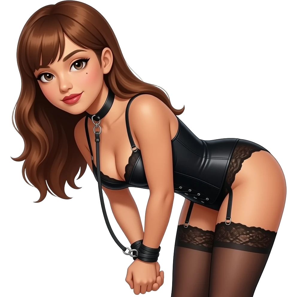 gorgeous woman, light tan skin, charm mole on left face cheek, long auburn hair, side bangs, black eyes, lipstick, model, latina, asian, mixed, fullbody corselet lingerie, leashed on neck, harness, wrist tied, bend over emoji