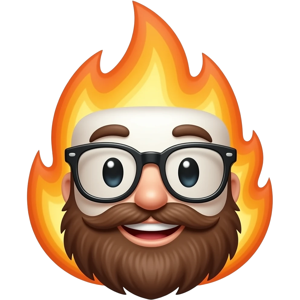 smiling marshamallow on fire with a brown beard and glasses emoji