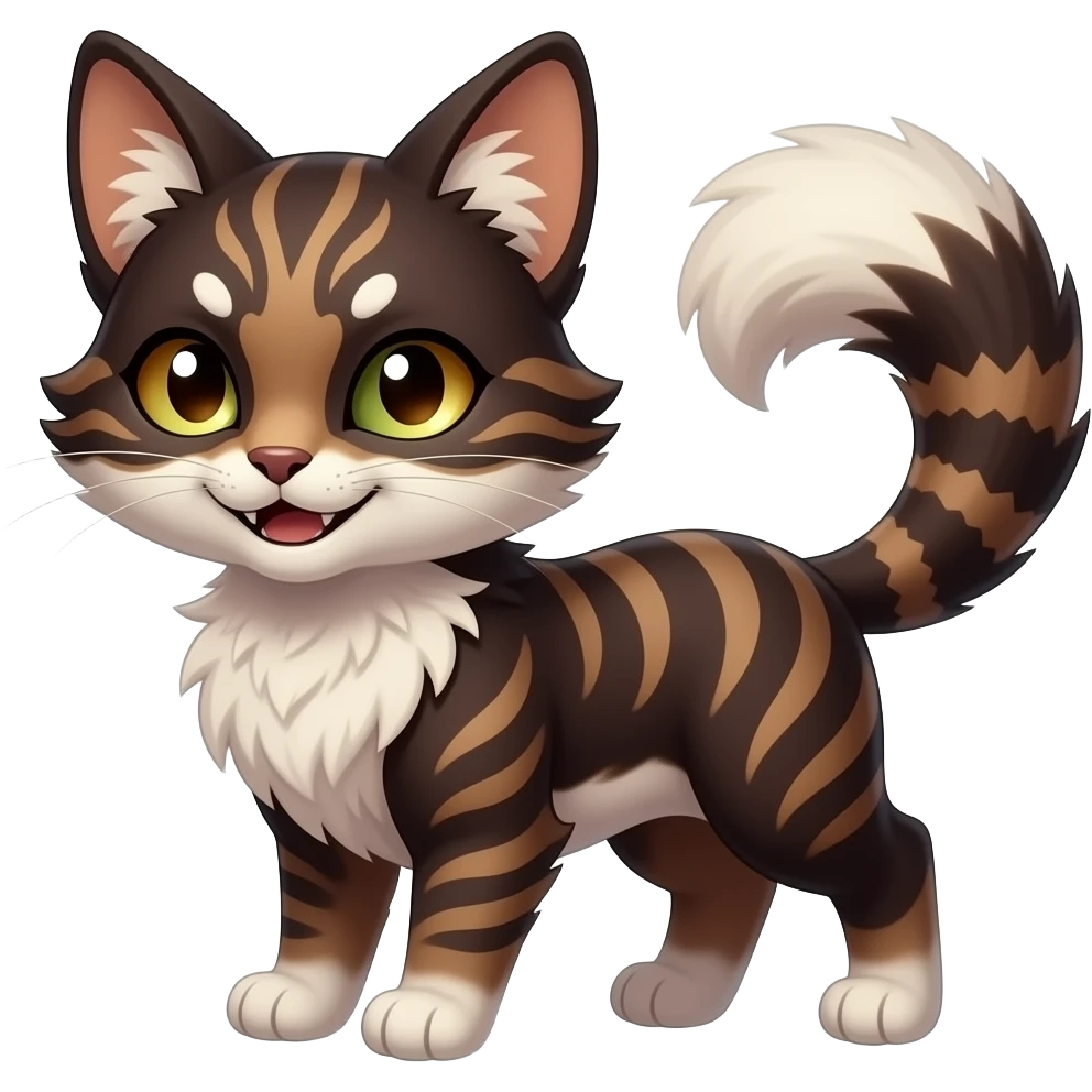 Kawaii dark edgy brown beige white fantasy ethereal feline-vernid-sergal-fursona animal creature with a tufted tail full body with intricate markings, hazel-gold-green eyes emoji