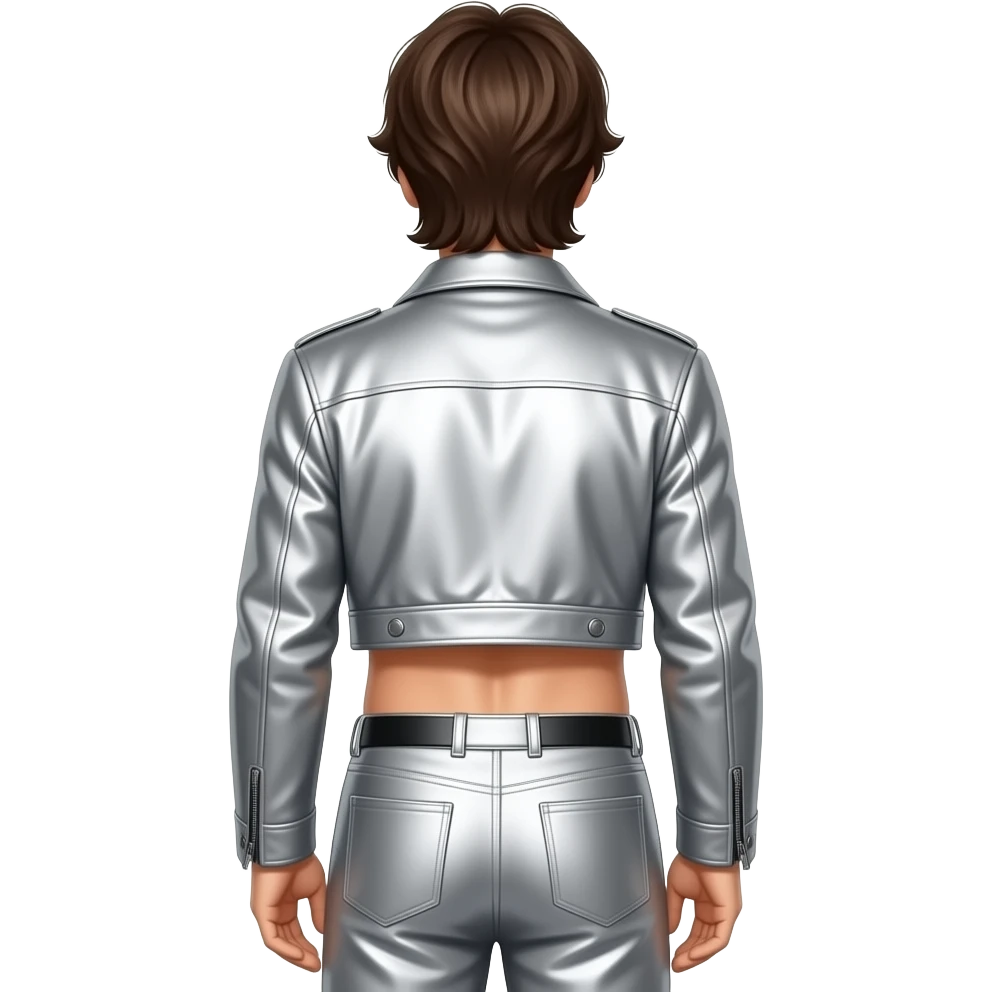 Maurice Gibb from behind medium dark brown hair, silver metallic jacket crop top, silver metallic baggy pants, shirtless emoji