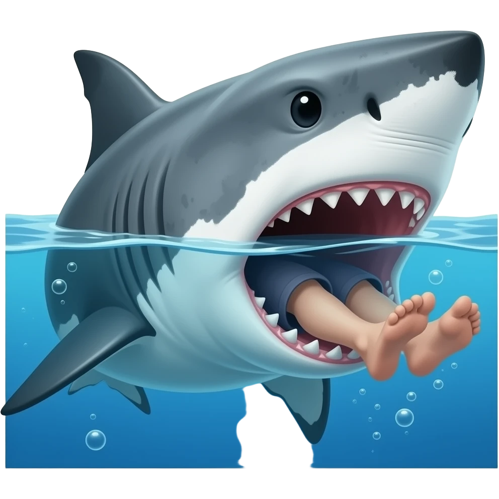 Genérame una imagen en la que abajo del mar esté un tiburón furioso comiendo a una persona pero que solo salgan los pies por la boca del tiburón que el ángulo sea de lado emoji