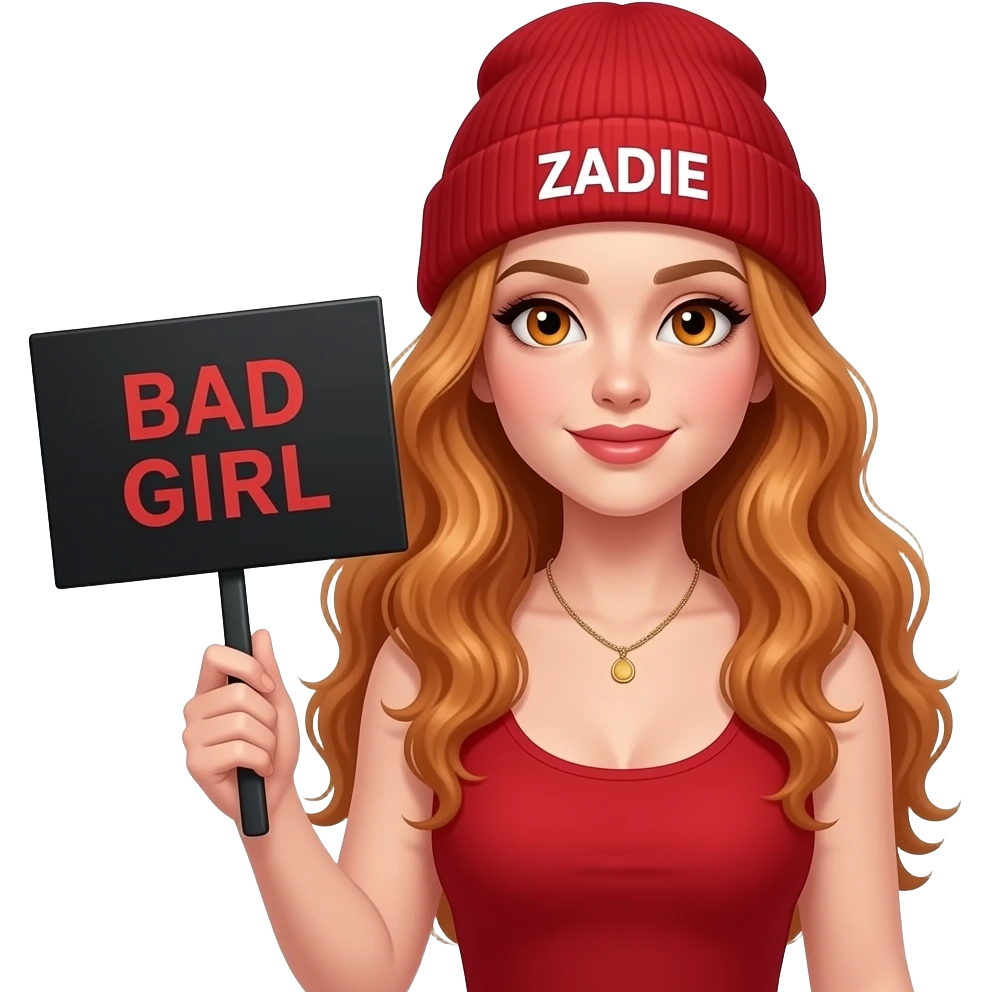 sexy girl with overlong wavy ginger hair and ginger eyes wearing a red tanktop and a red beanie with ZADIE written on it, is holding a black sign with BAD GIRL written on it emoji