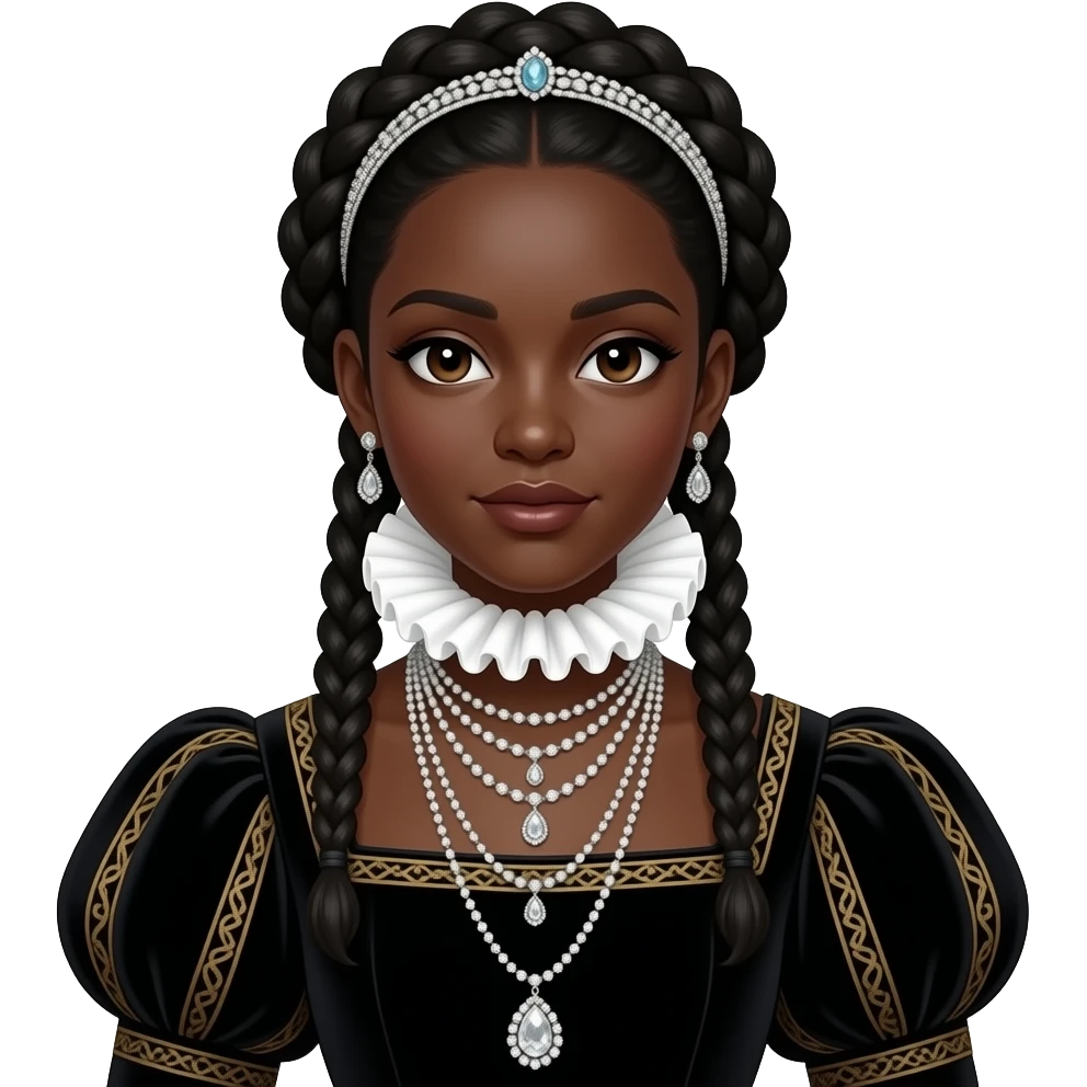 A regal portrait of a Black woman with dark skin and elaborate braided hair adorned with a jeweled headband. She wears a striking white ruffled collar and a multi-layered diamond necklace. Her attire is a black velvet dress with puffed sleeves and gold embroidery. emoji