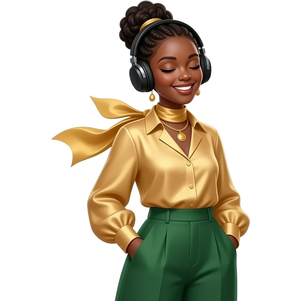 Modern anime/cartoon style. Young Black woman, eyes closed, blissful smile. High braided bun. Black over-ear headphones. Champagne gold blouse, emerald wide-leg pants. Gold jewelry, silk scarf. Floating glowing musical notes. Golden bokeh background. Medium shot. --ar 16:9 emoji