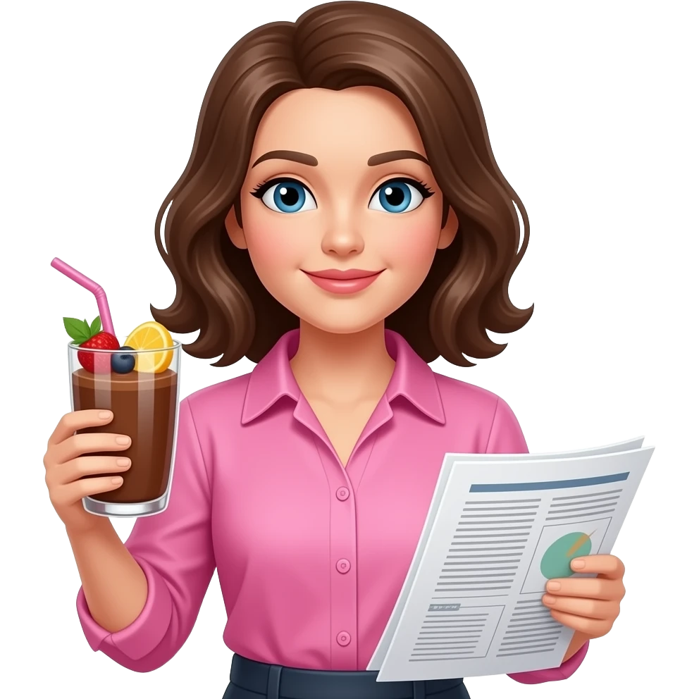 Muñeca con blisa rosada y en una mano un vaso de chocolate con frutas y en la otra mano una hoja de investigacion emoji