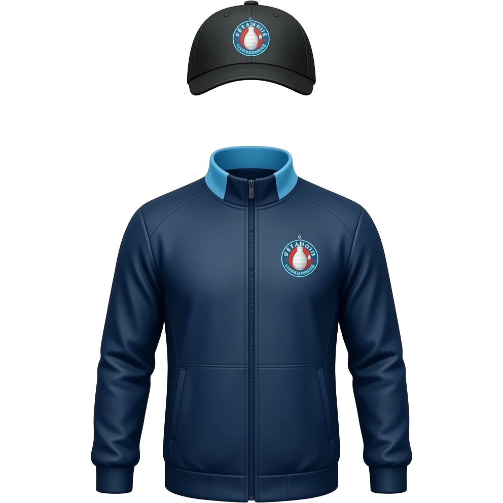 veste jogging bleu marine col bleu clair et logo pétanque liverdunoisecasquette noire logo Liverdun emoji