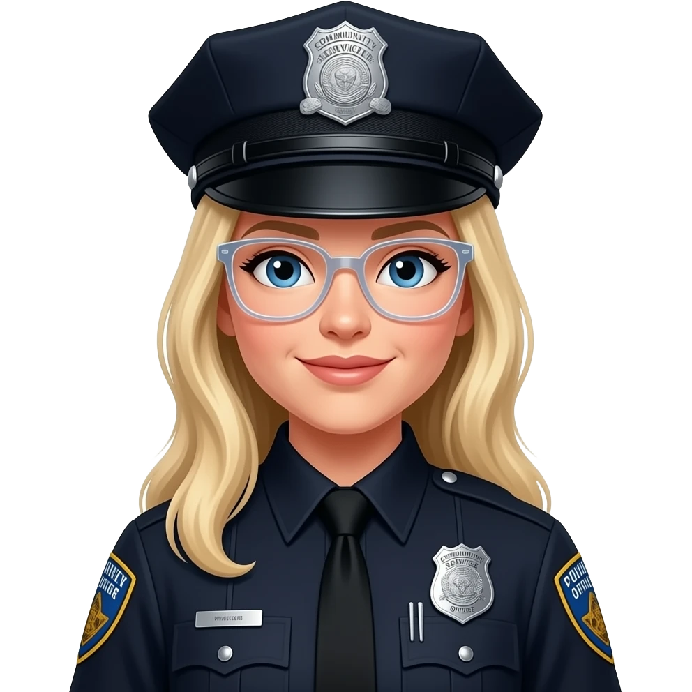 police woman, blonde long hair, Clear colored glasses, badge says (Community Service Officer) black uniform emoji