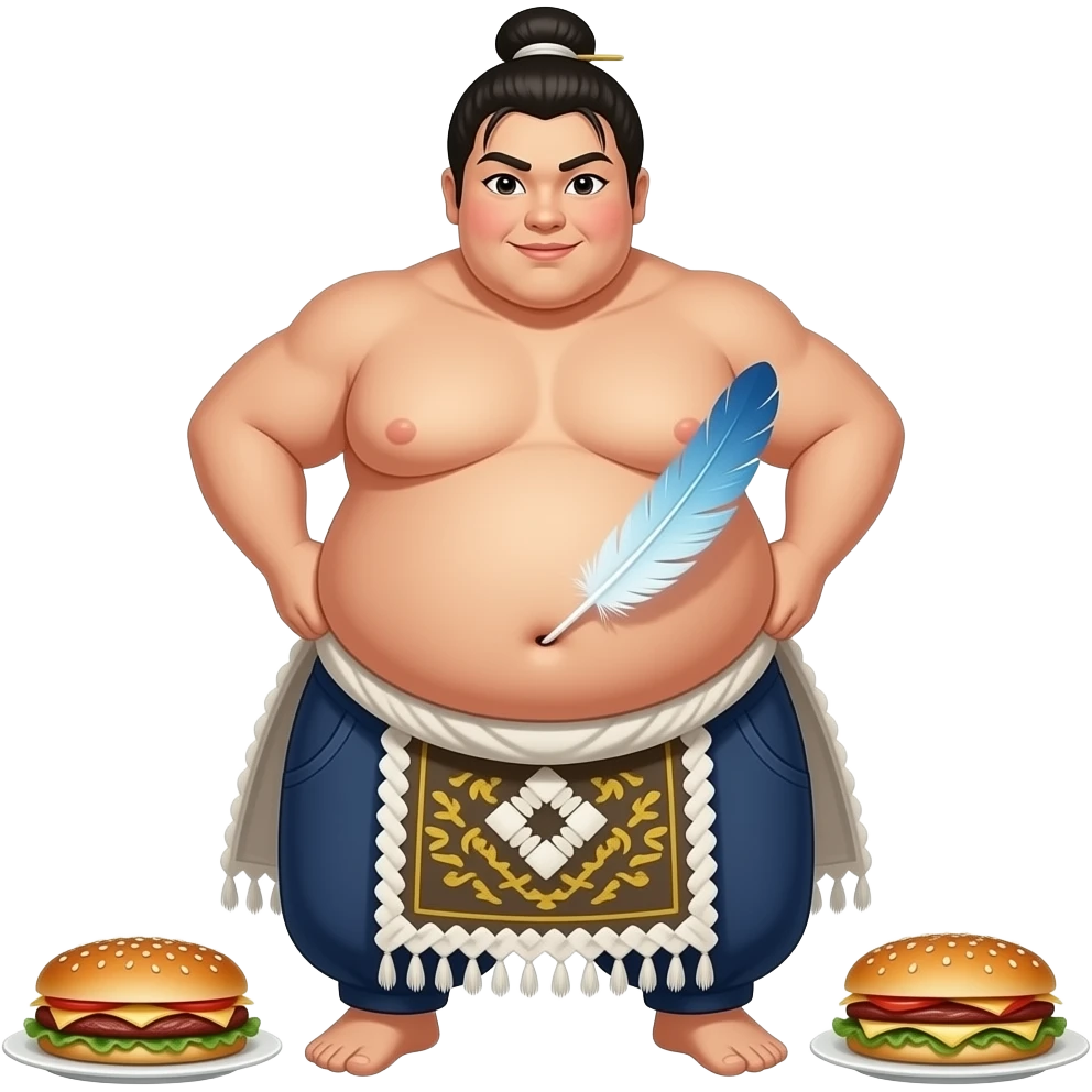 A girl sumo warrior,she is stuffed silly after all you can eat buffet,her giant food baby belly hangs over her pants & busted belt,her bellybutton gets tickled by a magical feather. emoji
