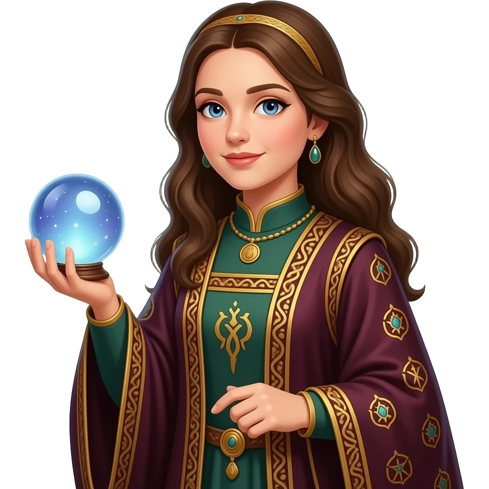 young woman fortune teller with orb wearing robe renaissance emoji | AI ...