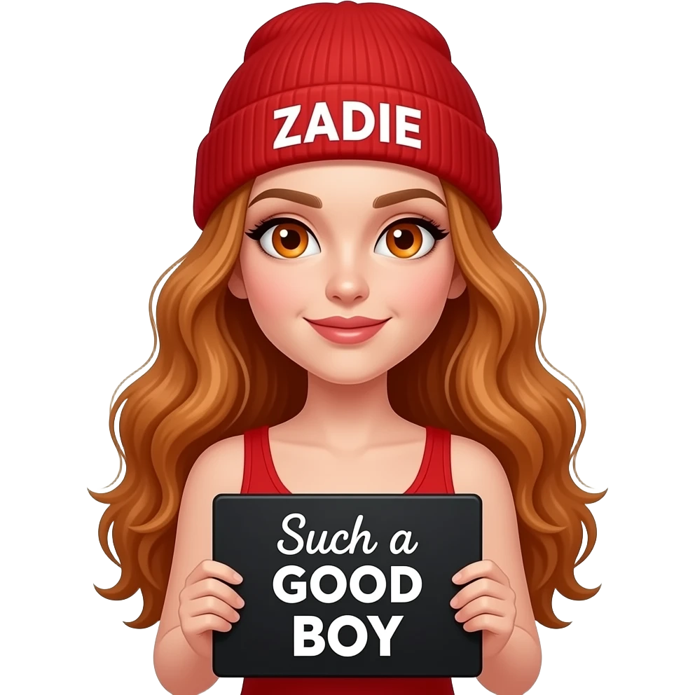 sexy girl with overlong wavy ginger hair and ginger eyes wearing a red tanktop and a red beanie with ZADIE written on it, is holding a black sign with Such a GOOD BOY written on it emoji
