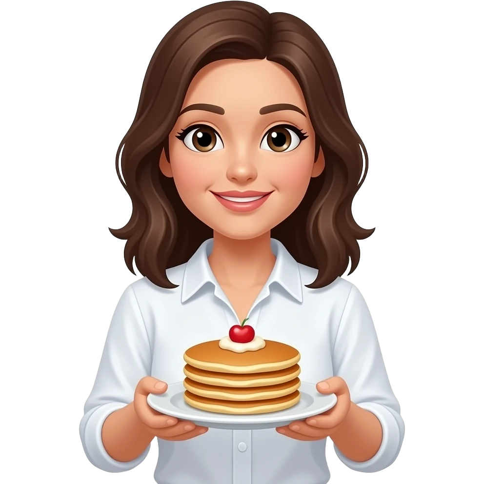 👩🏼 this emoji but in white shirt hold pancakes in hands emoji