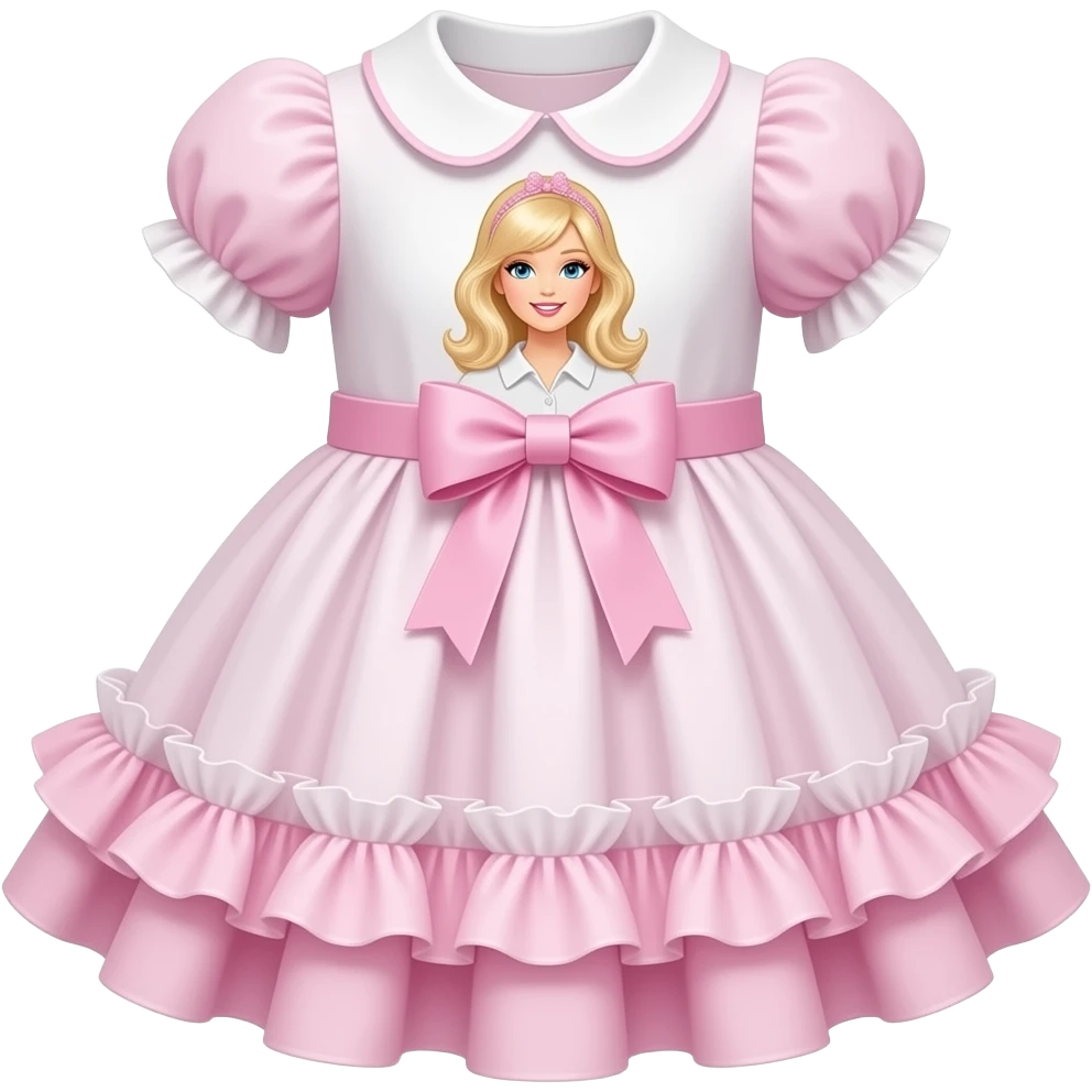 pink and white baby frilly mock dress with collar and puff shoulders and barbie embroided emoji